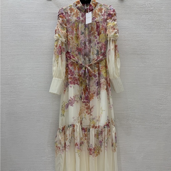 Zimmermann Ivory Floral High-Neck Maxi Dress with Pink and Yellow Blooms - Picture 2 of 8